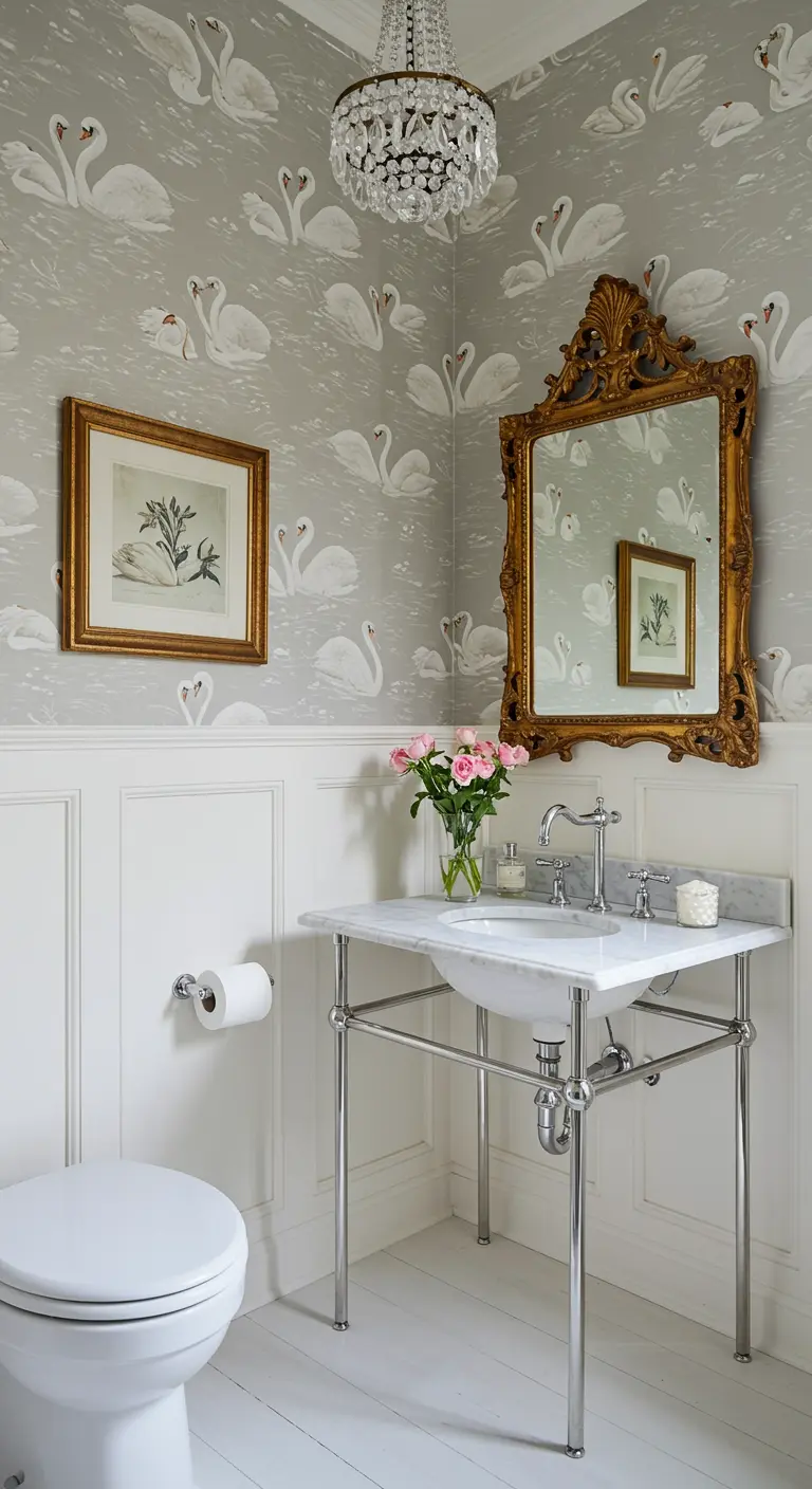 Baño clásico con papel pintado de cisnes, zócalo blanco y un espejo dorado ornamentado