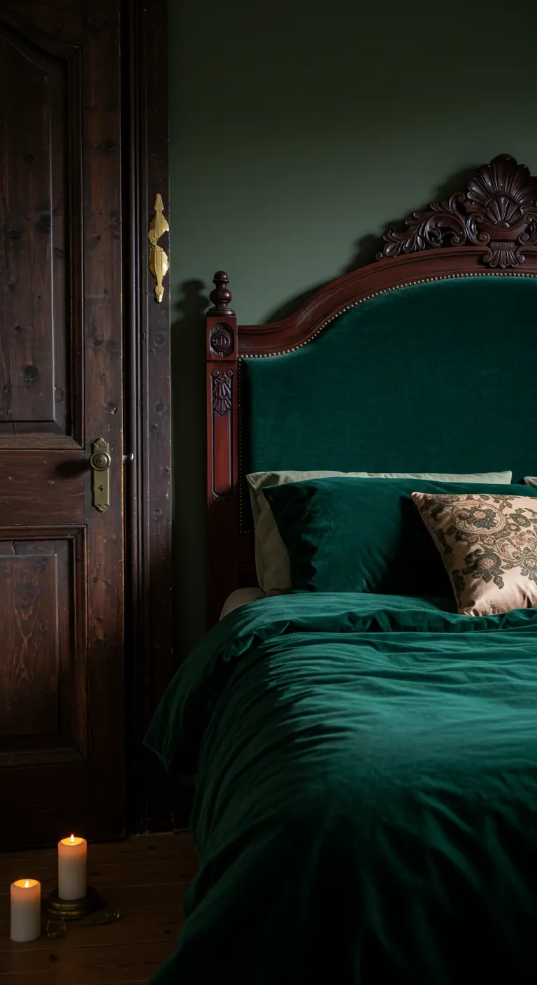 Cabecero de cama de madera oscura tallada con un panel central tapizado en terciopelo verde.