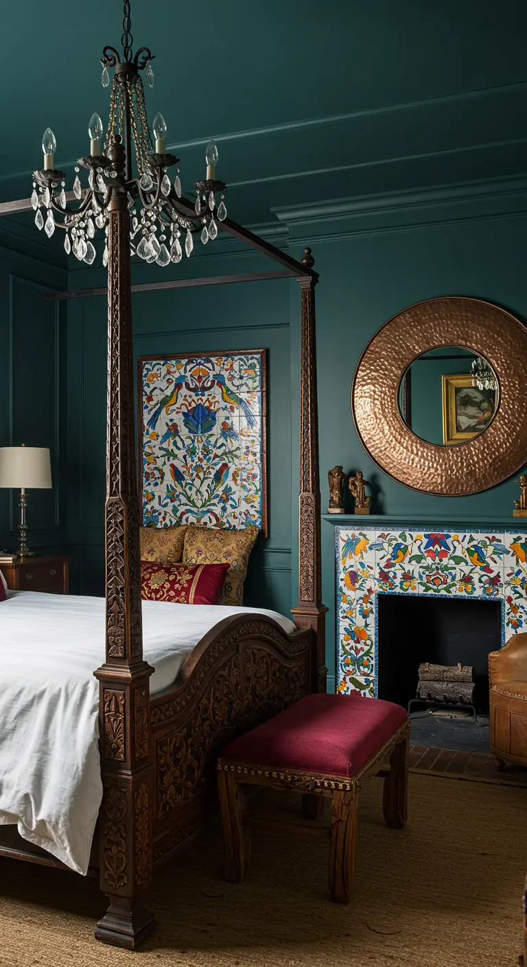 Dormitorio de lujo con paredes verde oscuro, cama con dosel tallada y espejo de cobre.