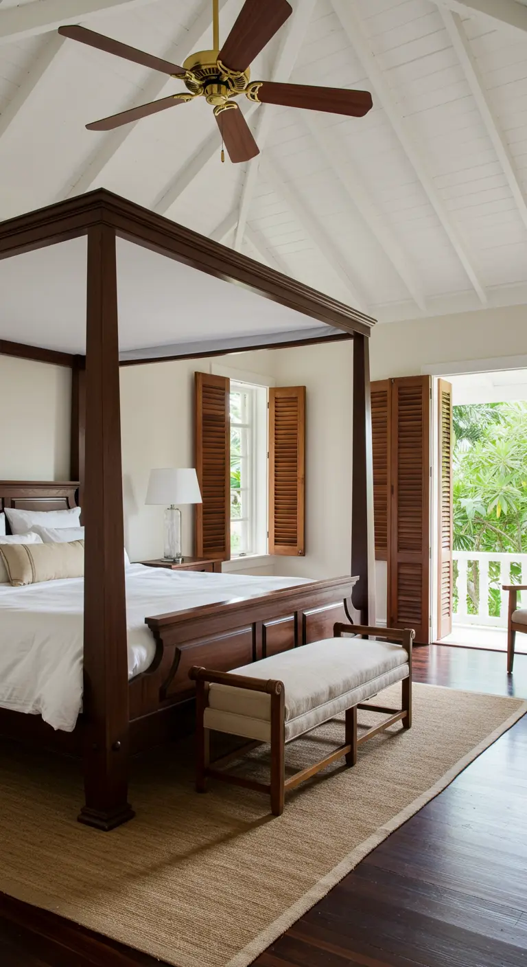 Dormitorio estilo colonial con cama de madera oscura con dosel y contraventanas.