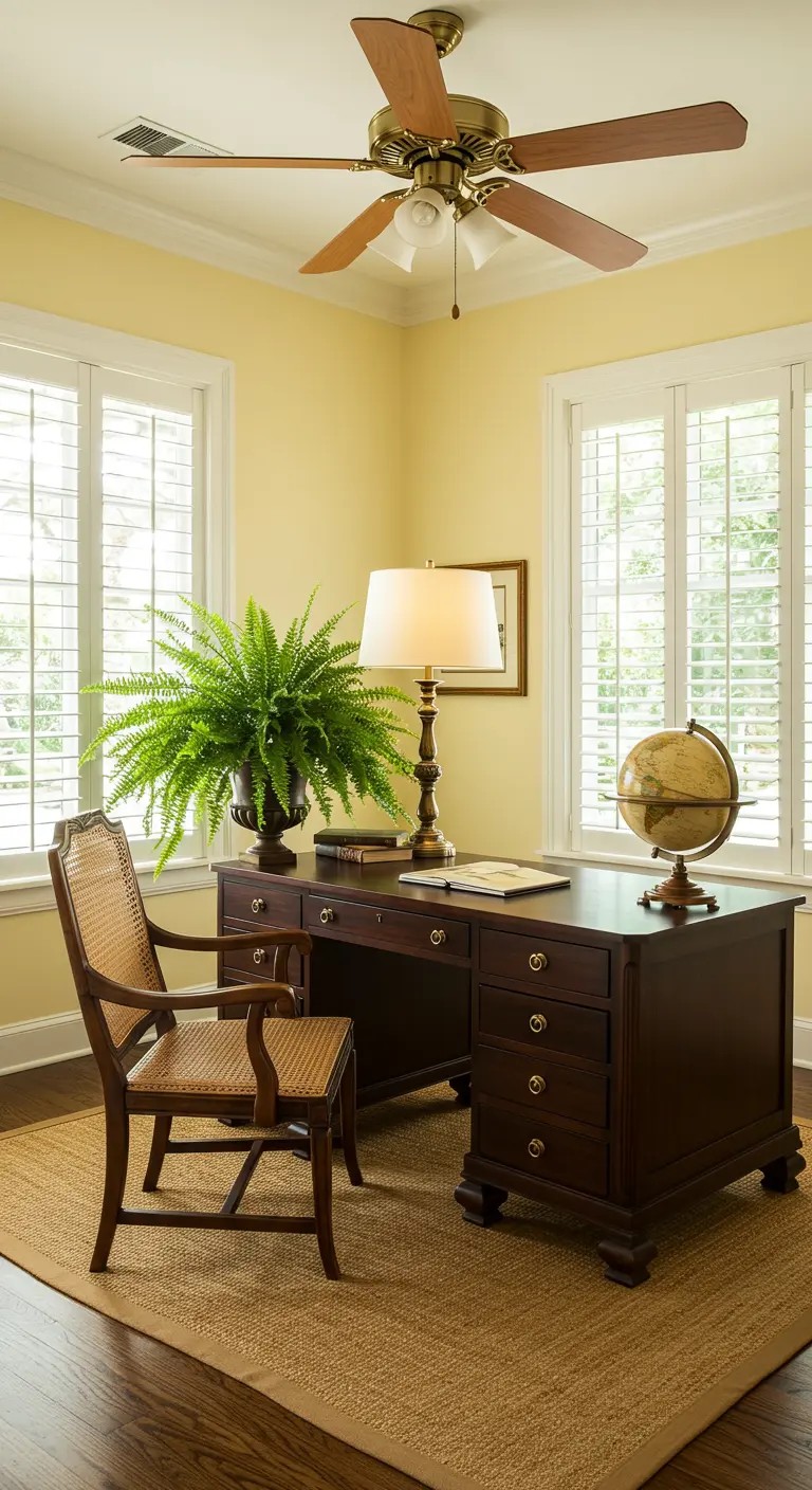 Oficina de estilo colonial con escritorio de madera oscura, silla de ratán y un gran helecho.