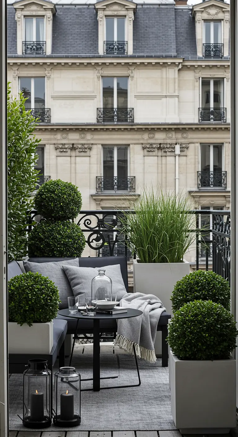 Balcón moderno con un sofá gris, mesa de centro negra y plantas de boj en maceteros blancos.