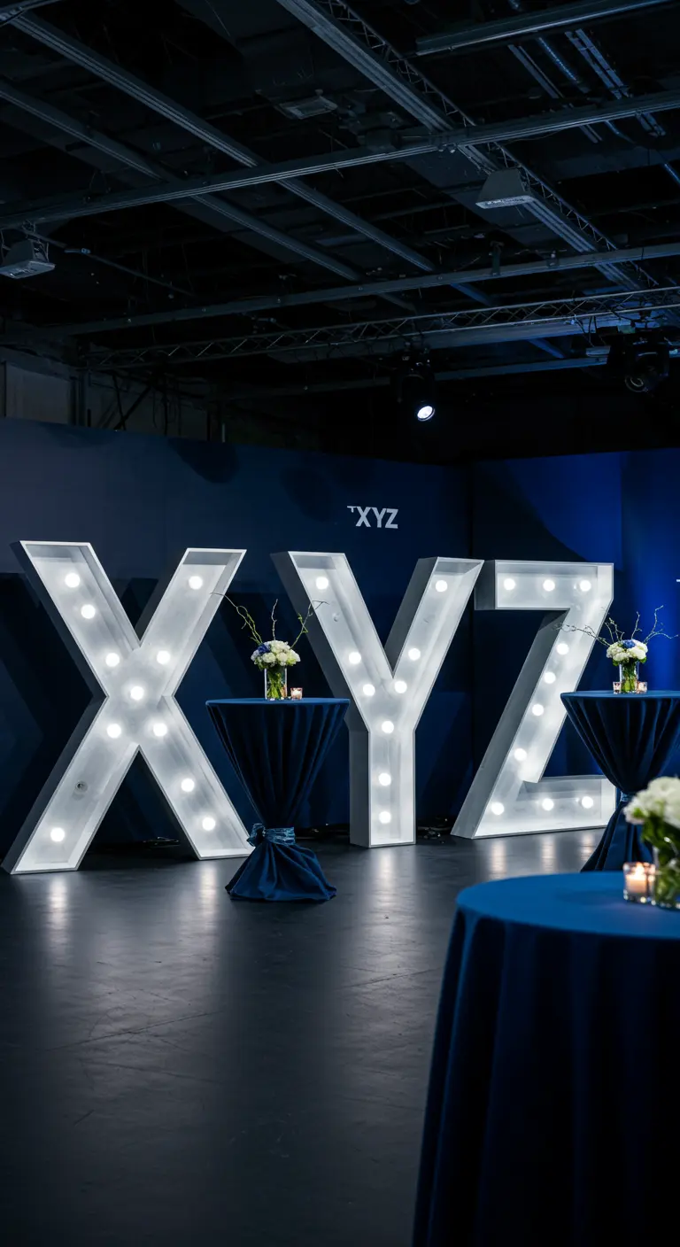 Letras 'XYZ' gigantes e iluminadas en un evento corporativo moderno con mesas altas y manteles azules.