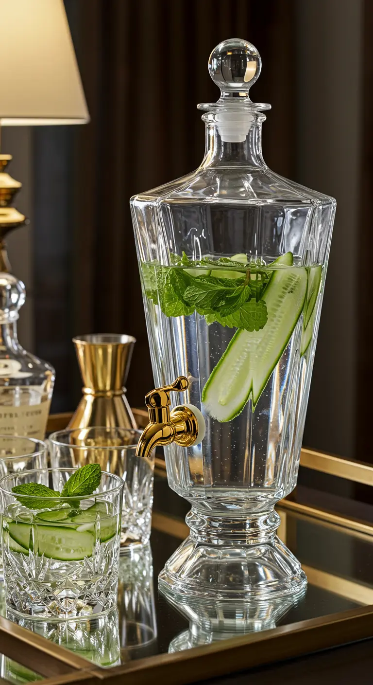 Decantador de cristal tallado con grifo dorado, lleno de agua con pepino y menta.