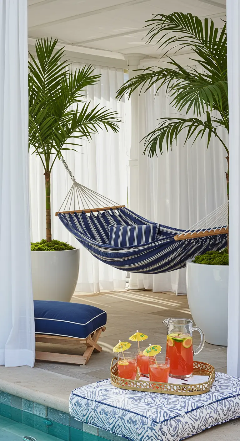 Zona de piscina con hamaca de rayas azules, cortinas blancas y una bandeja con bebidas.