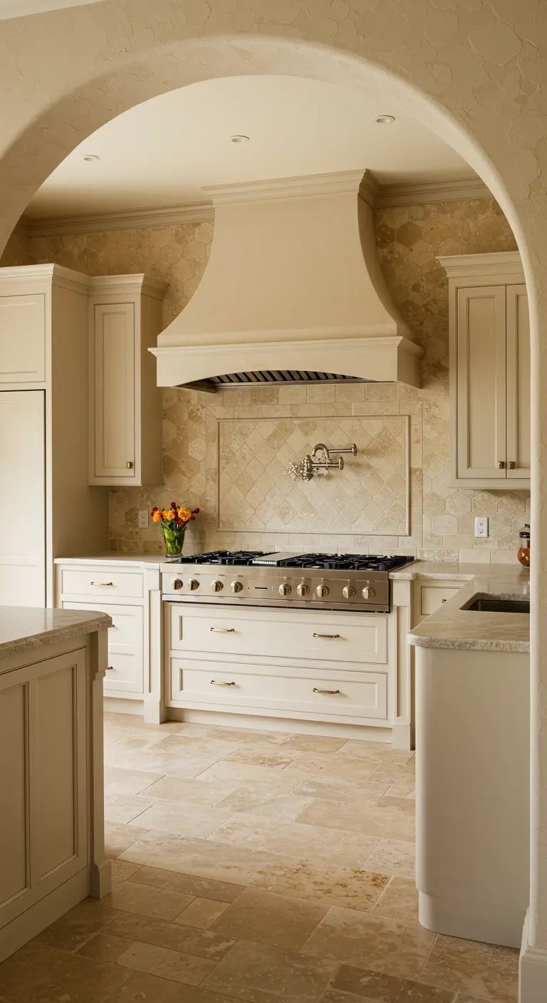 Cocina de lujo en tonos beige vista a través de un arco de piedra.