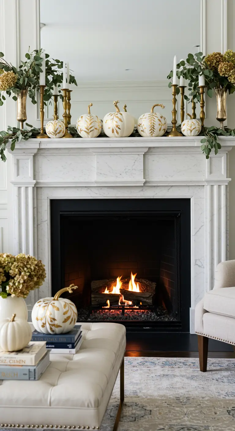 Repisa de mármol blanco con calabazas blancas decoradas con elegantes dibujos dorados de hojas.