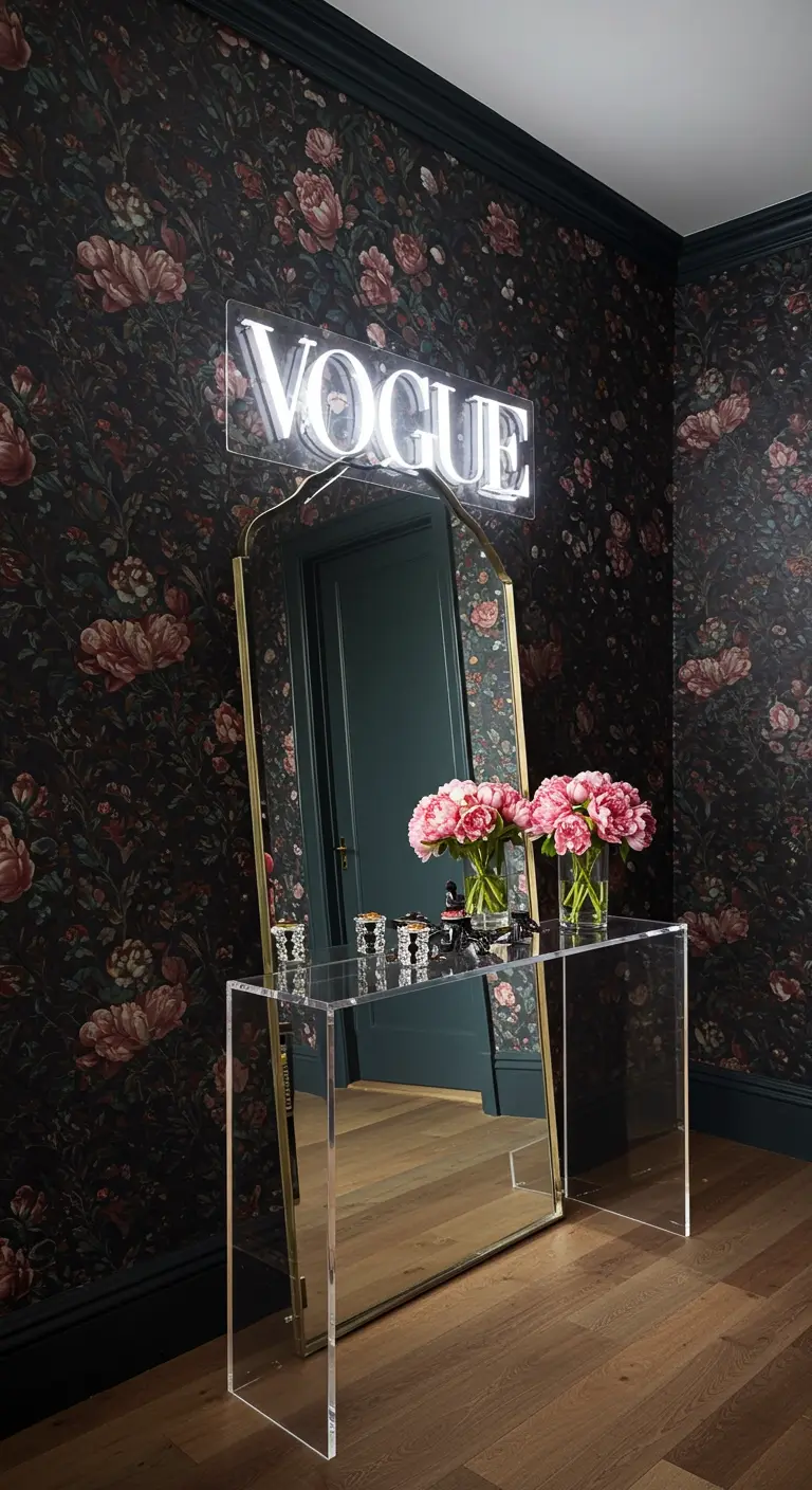 Entrada con papel pintado floral oscuro, espejo alto y un neón de