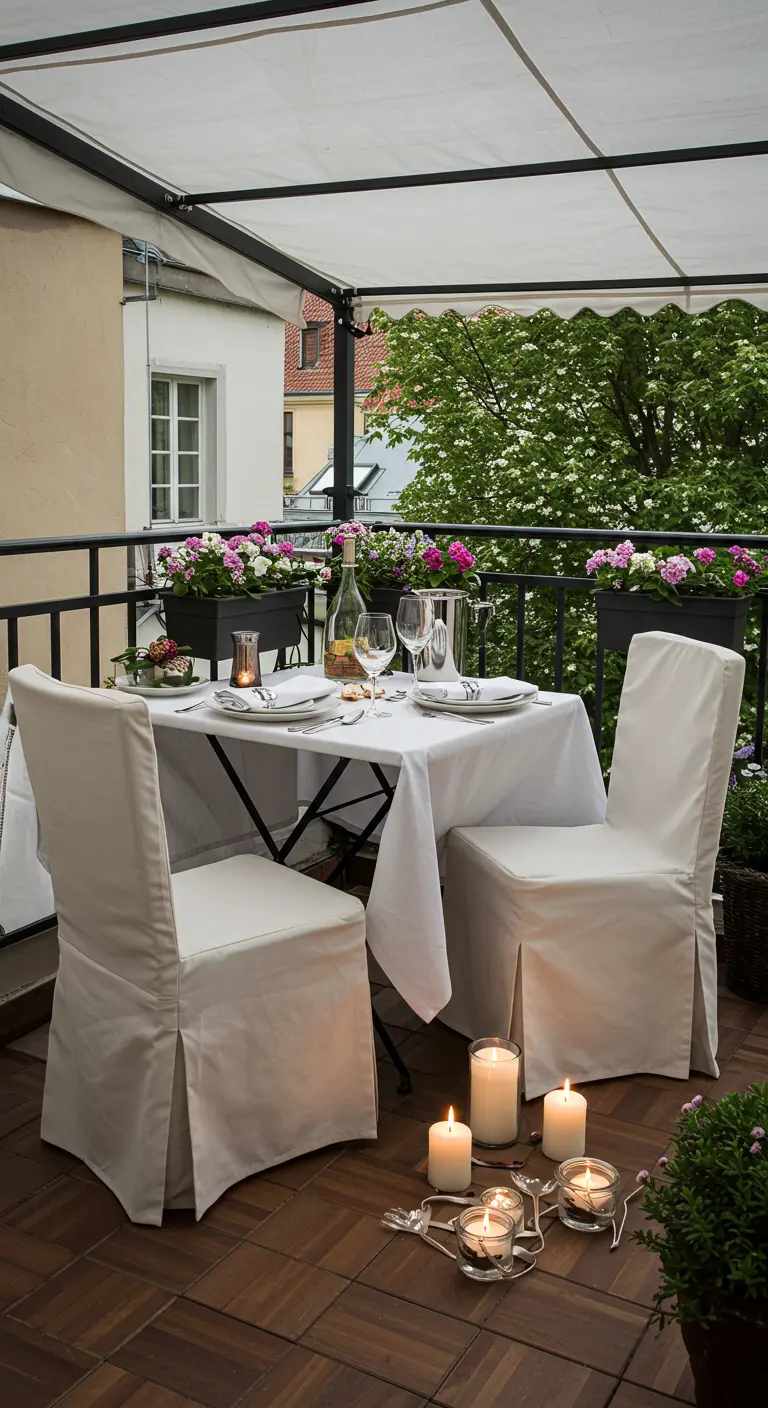 Mesa de comedor plegable vestida con un mantel blanco y sillas con fundas para una cena elegante.