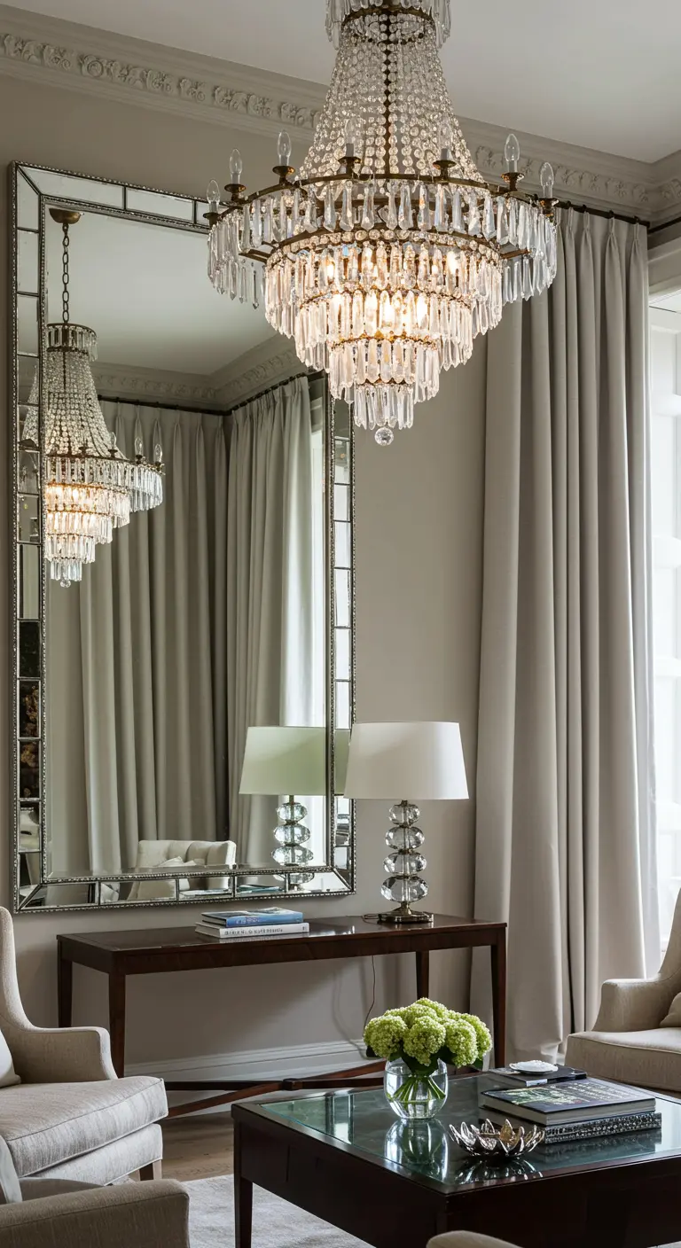 Gran espejo rectangular con marco de paneles biselados sobre una consola en un salón elegante