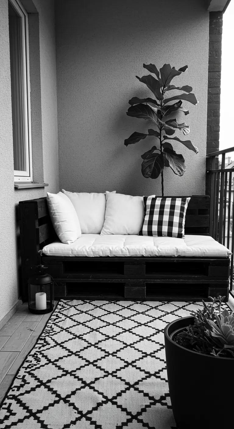 Balcón moderno en blanco y negro con sofá de palets pintado de negro y una alfombra geométrica.