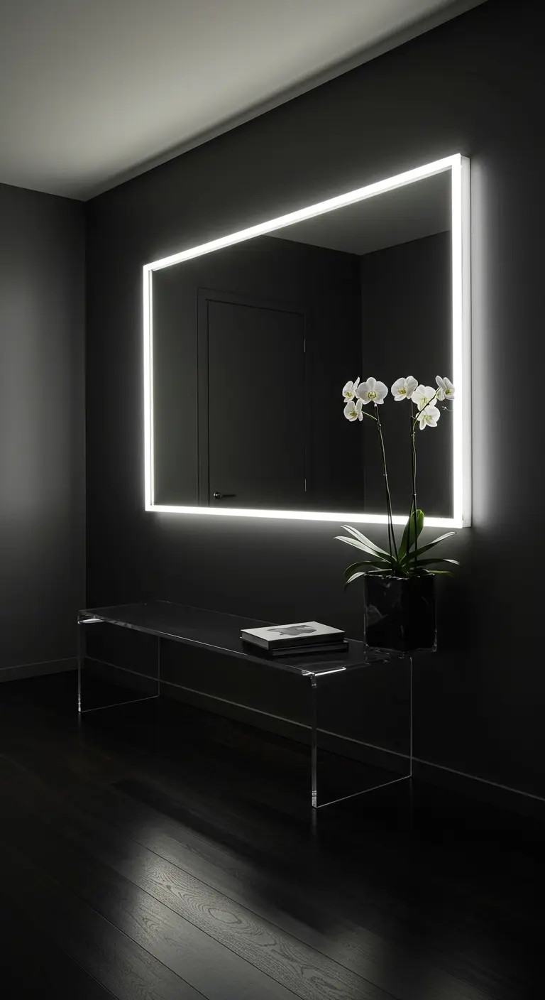 Entrada oscura y minimalista con un gran espejo rectangular retroiluminado y un banco de acrílico.