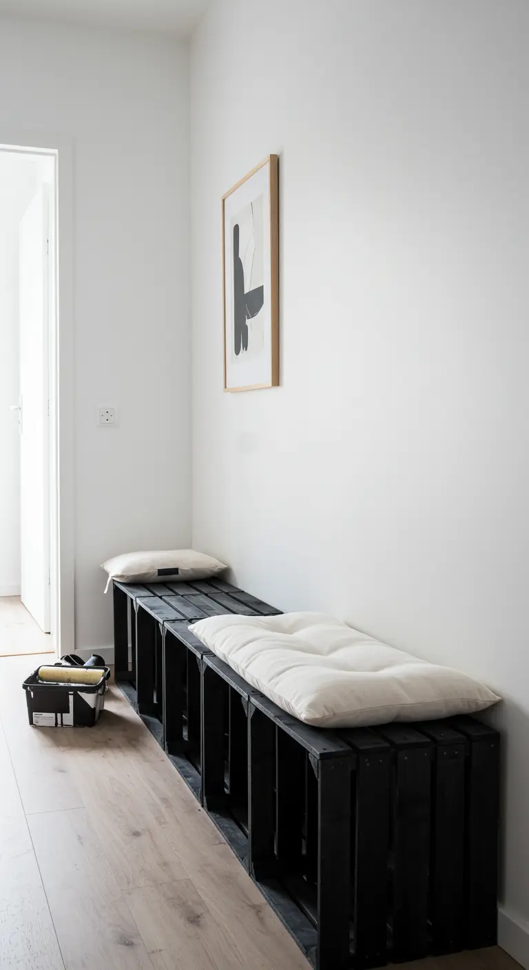 Banco largo y negro hecho de cajas de madera con cojines blancos en un pasillo minimalista y luminoso.