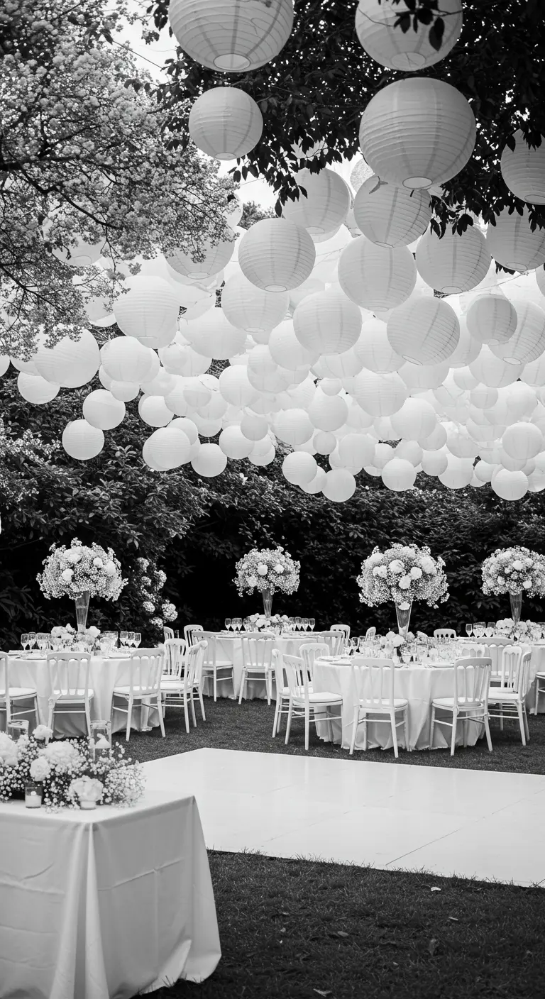 Foto en blanco y negro de una recepción de boda con un techo de lámparas de papel.