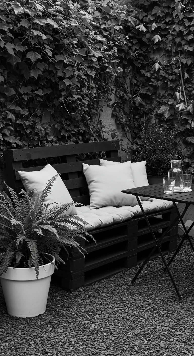 Banco de palets negro con cojines blancos en un patio de grava, en blanco y negro.