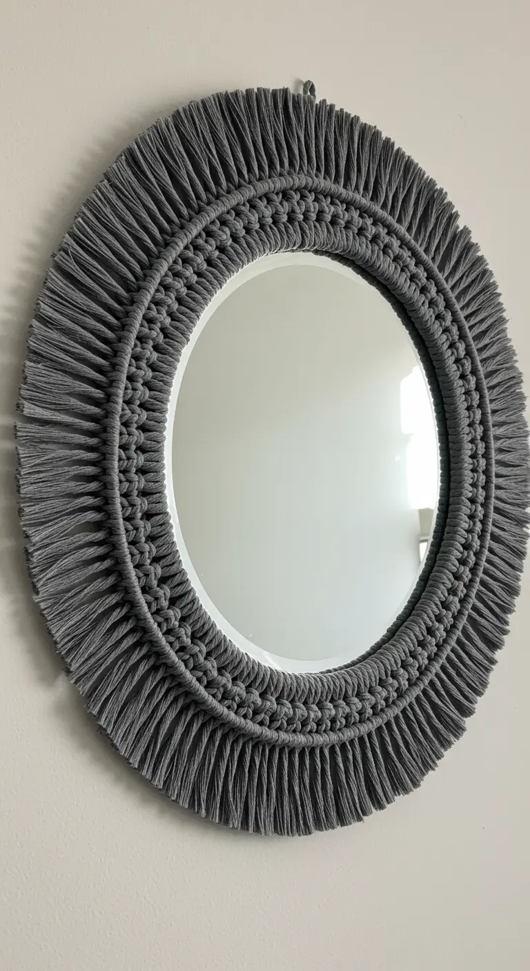 Espejo de macramé en color gris oscuro con un doble borde de nudos y flecos.