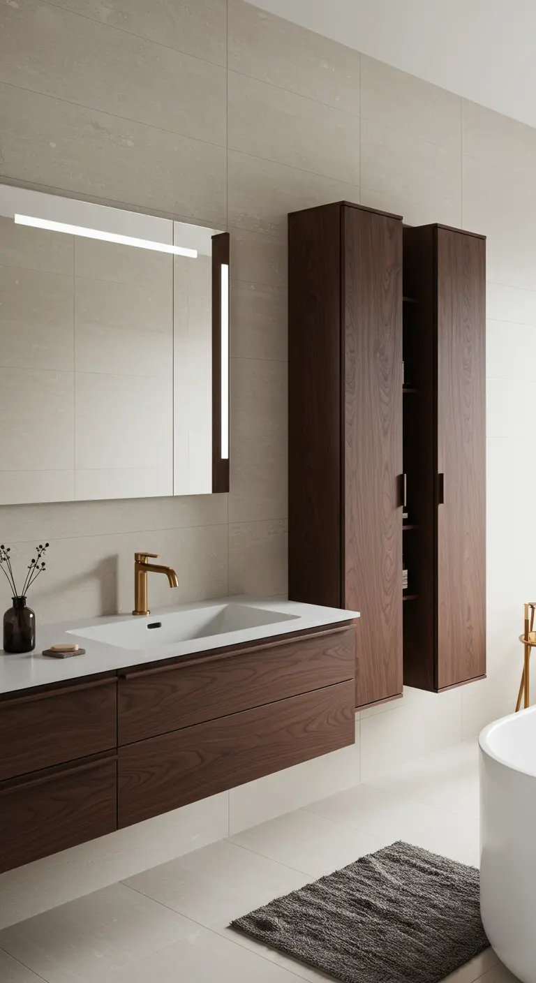 Baño con mueble de madera oscura, armarios altos y grifería dorada