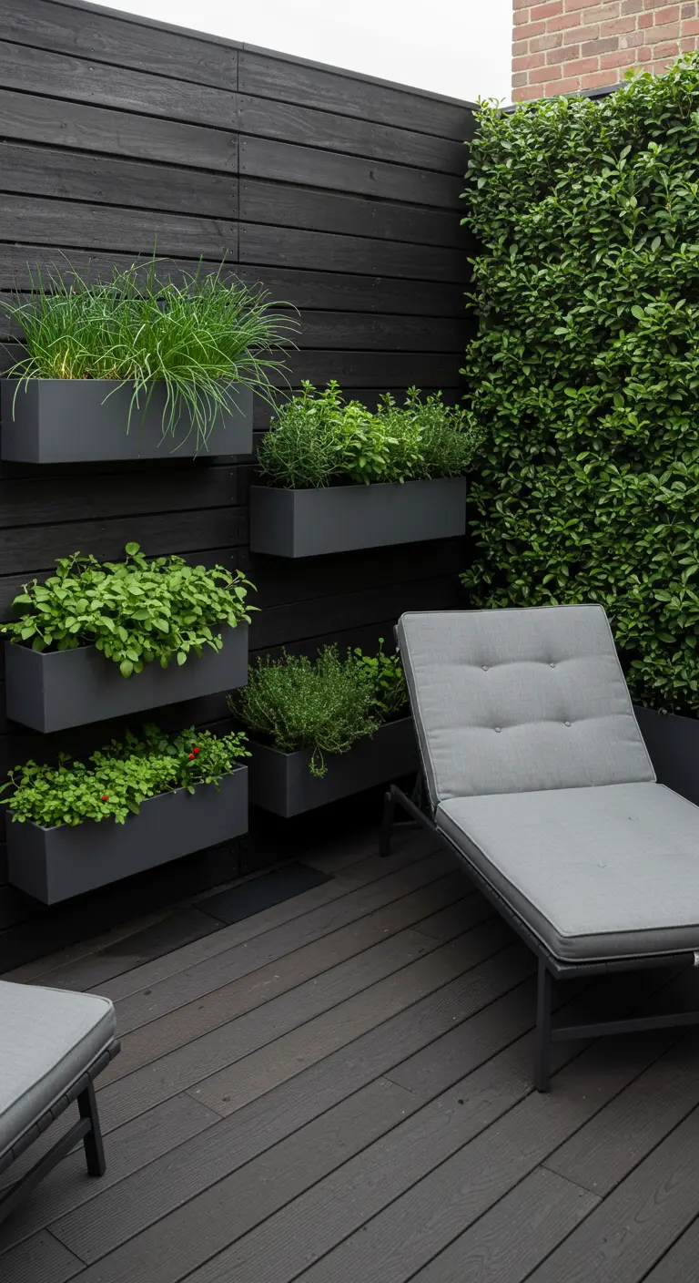 Pared de madera negra con jardineras modernas y un diván en un patio elegante.