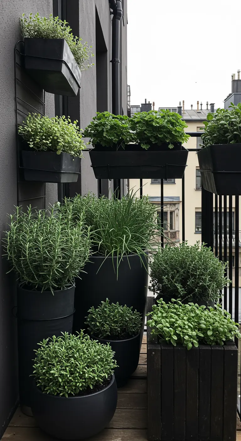 Balcón con una composición de macetas negras y grises de varios tamaños llenas de hierbas verdes.