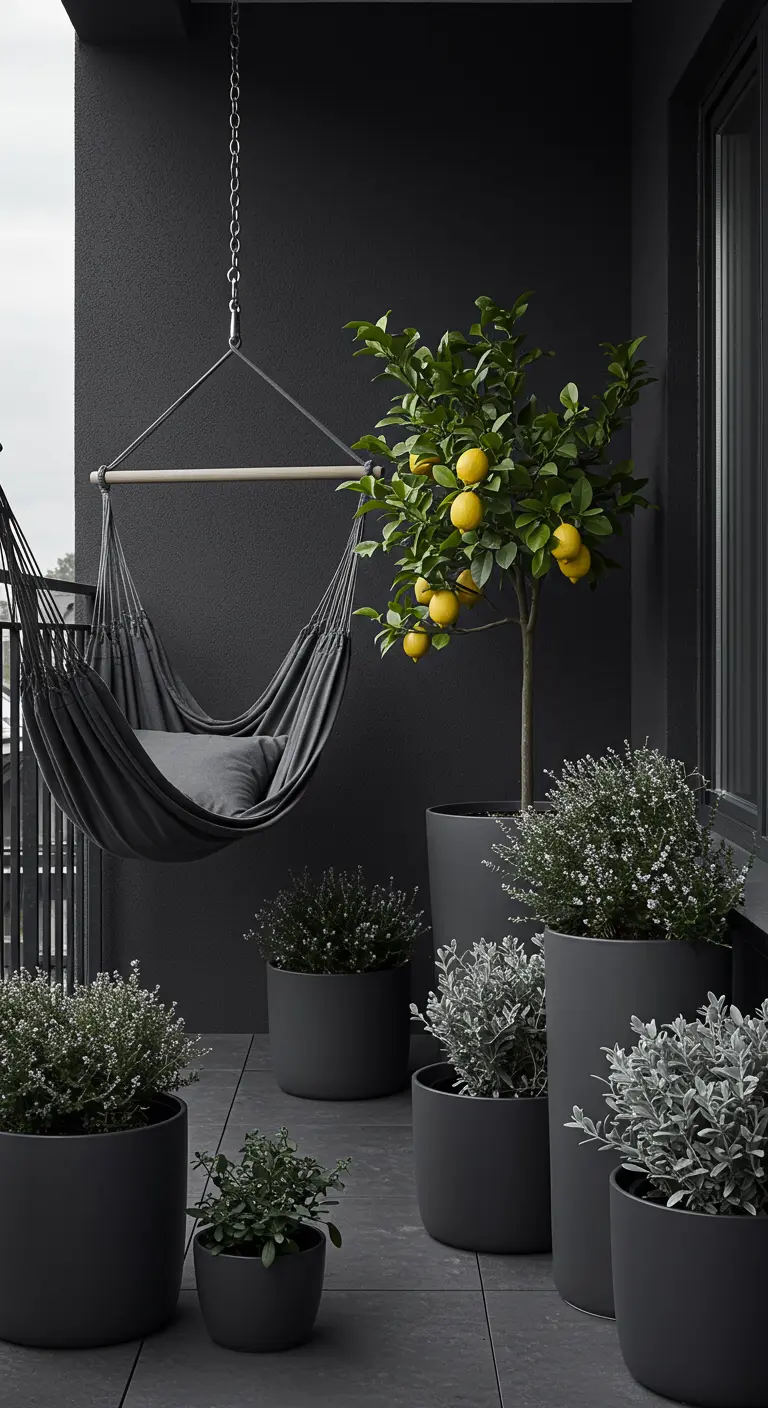 Balcón moderno con paredes y maceteros negros, una silla colgante negra y un limonero como punto de color