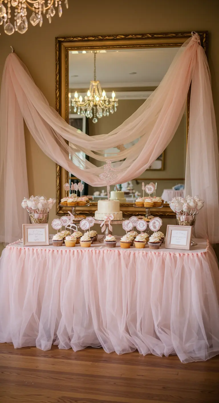 Mesa de postres de ballet con falda de tul rosa y toppers de bailarina.