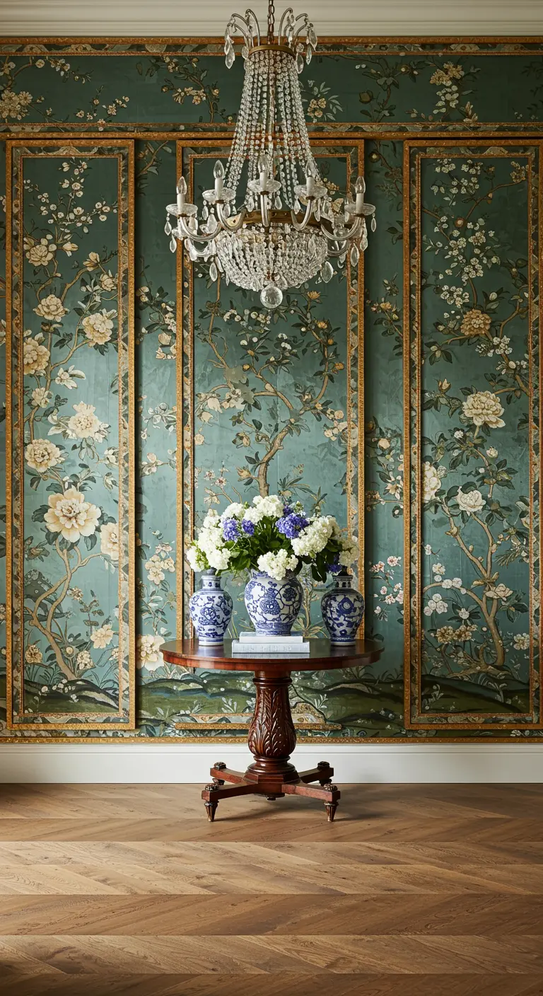 Pared de recibidor con paneles de papel tapiz floral tipo Chinoiserie enmarcados con molduras.