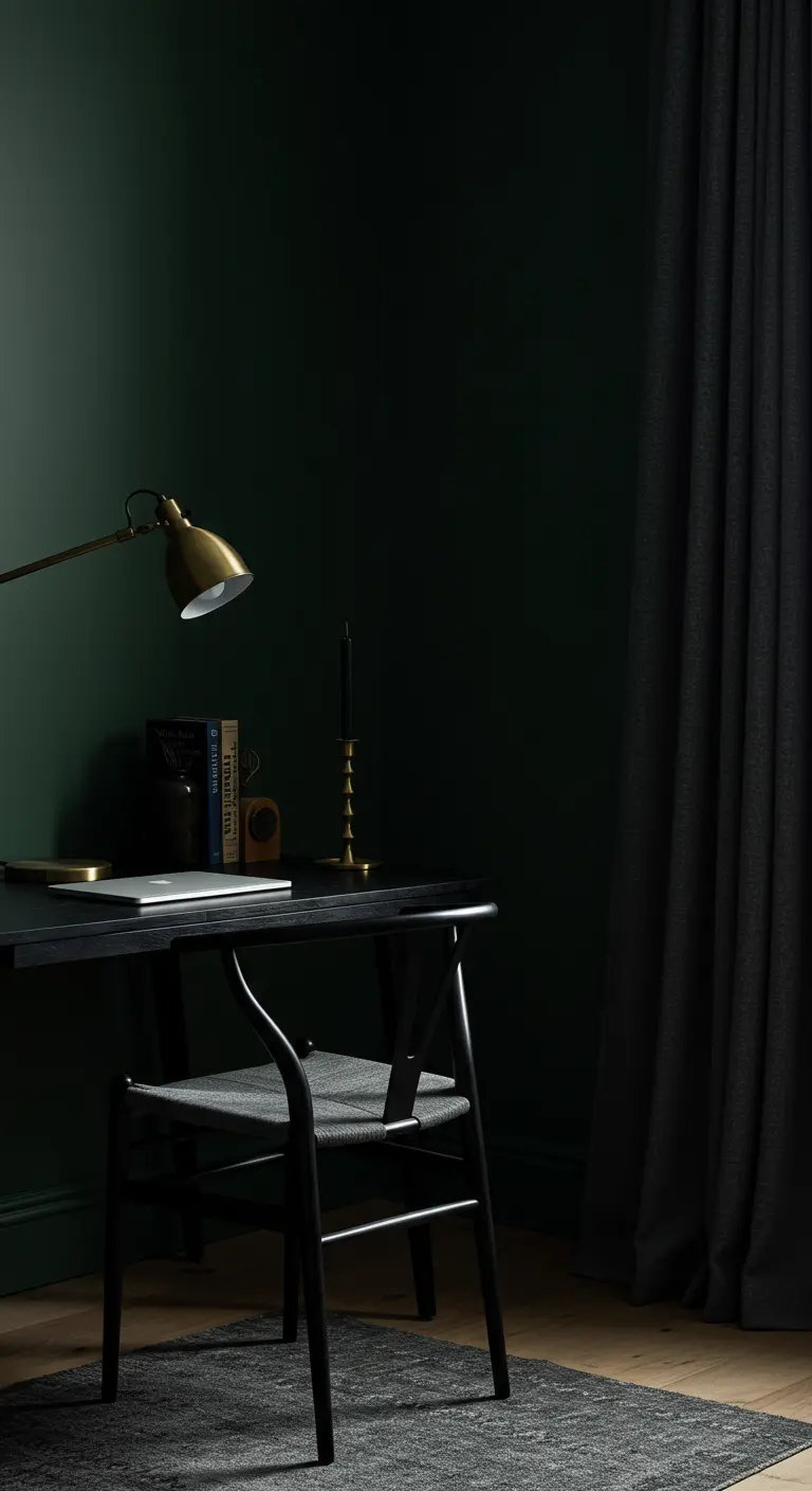 Escritorio negro minimalista contra una pared verde oscuro, con lámpara de latón.