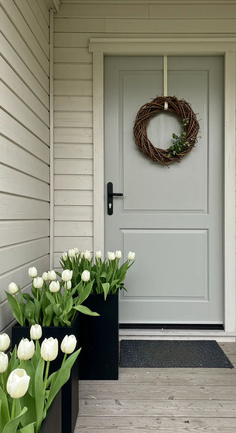 Porche de estilo escandinavo con puerta gris, maceteros negros y tulipanes blancos impolutos