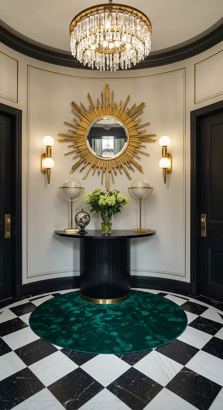 Entrada Art Déco con alfombra redonda verde esmeralda, suelo damero y espejo sol dorado.