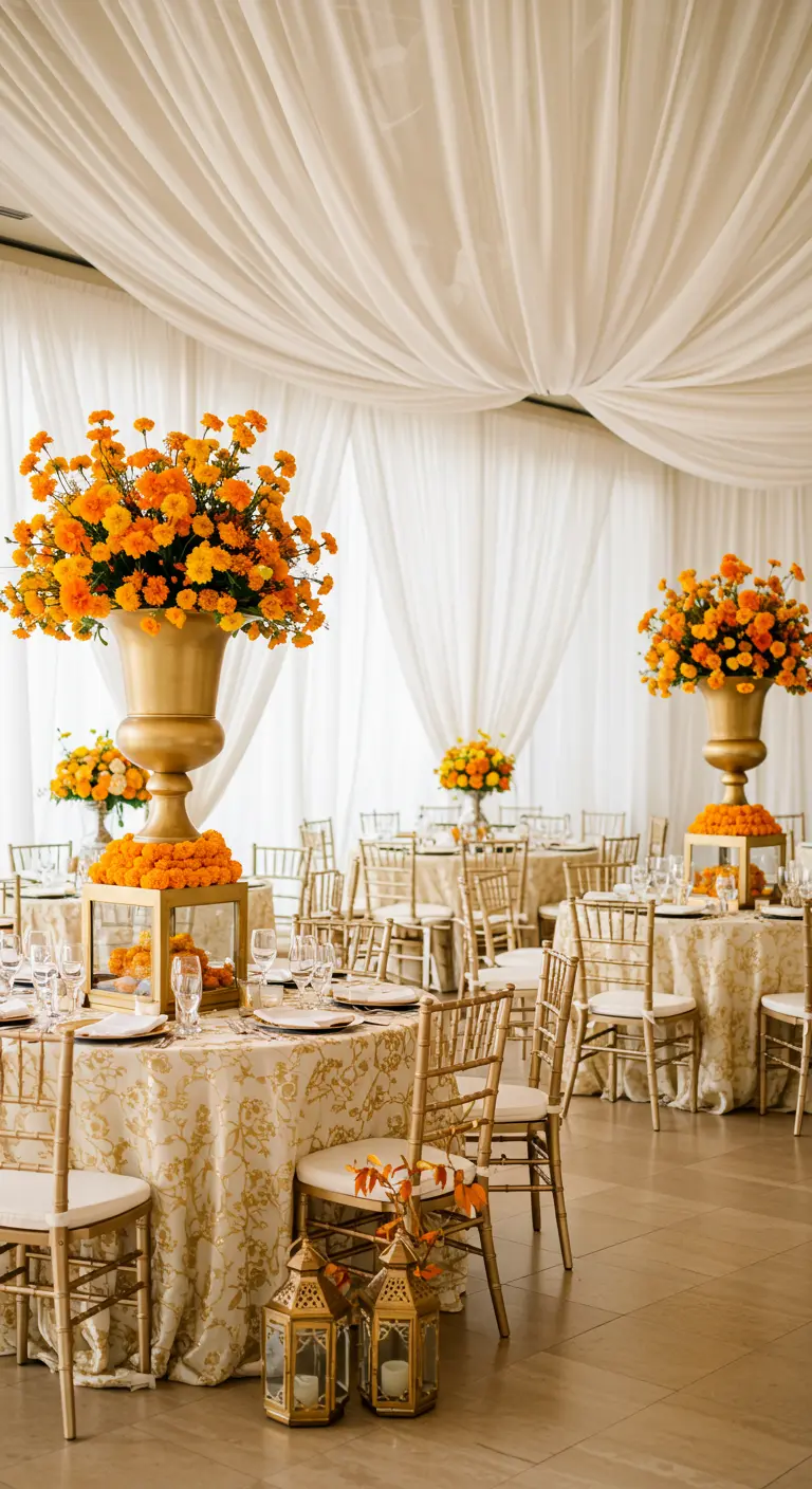 Salón de banquetes decorado en blanco y dorado, con grandes centros de mesa de caléndulas naranjas.