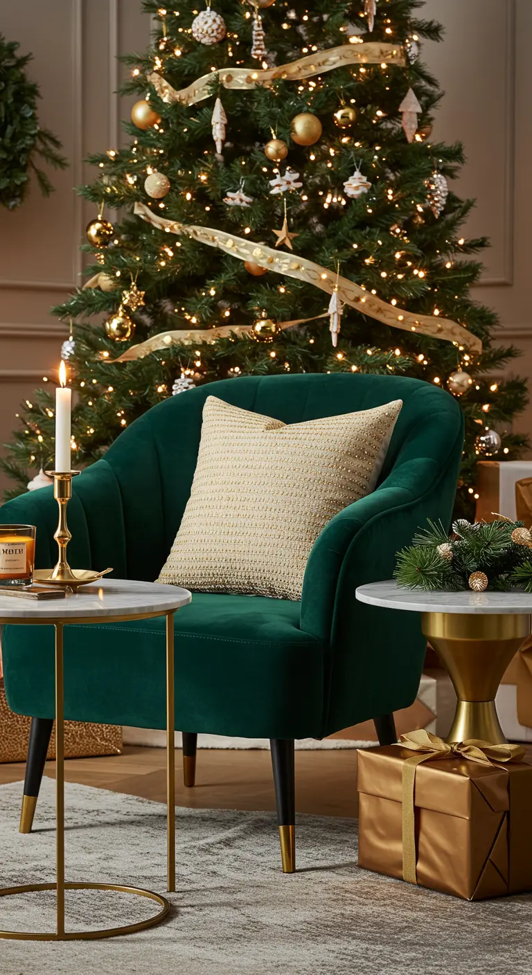 Sillón de terciopelo verde junto a un árbol de Navidad, con cojín y vela dorada.