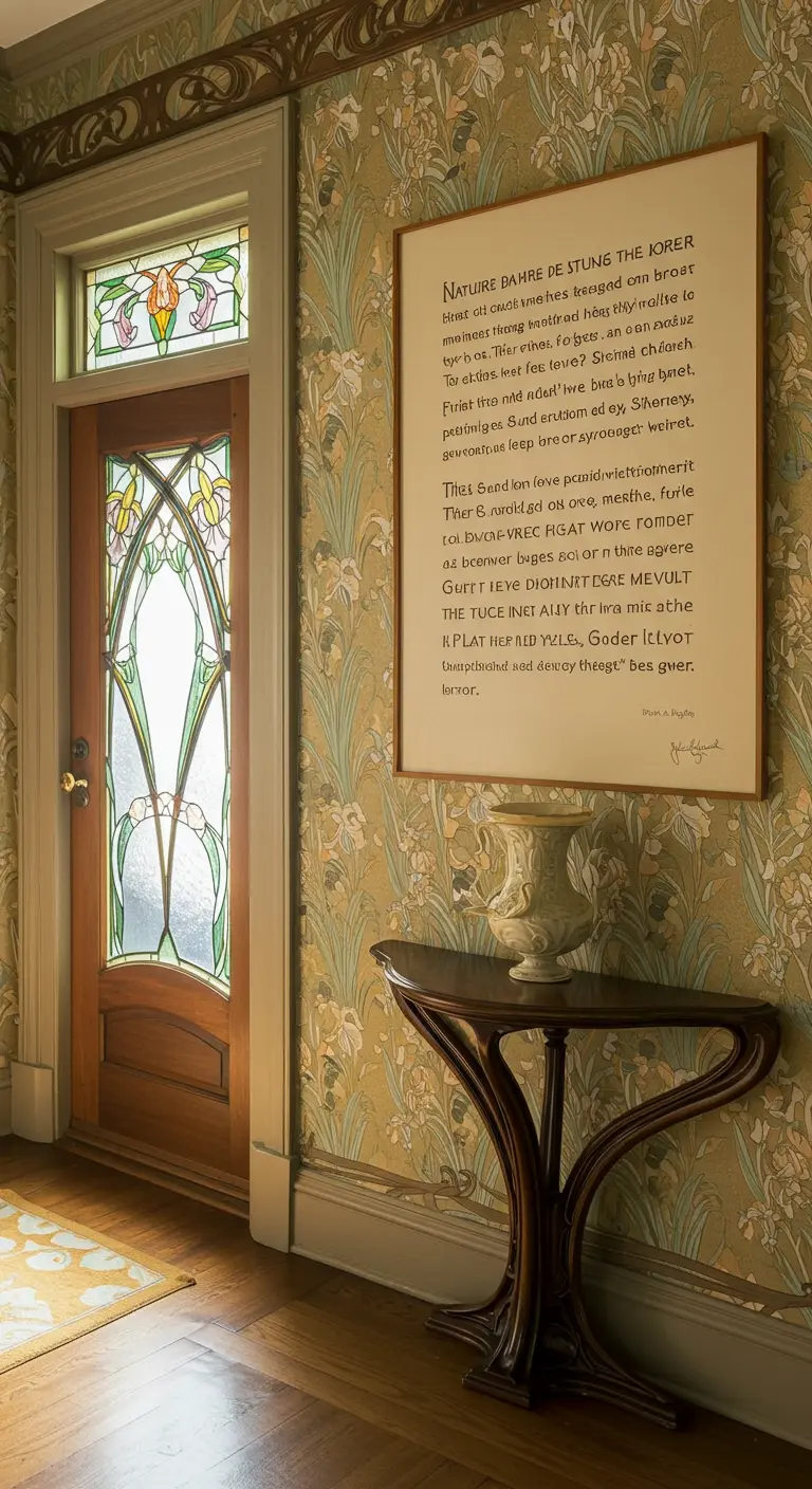 Entrada con papel pintado floral y un gran cuadro de texto con marco de madera clara.