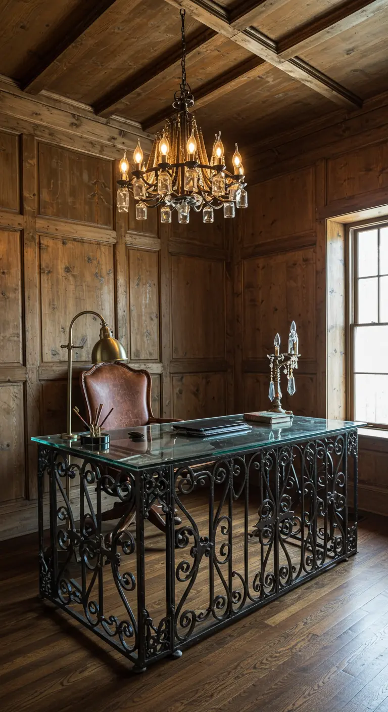 Escritorio elegante con una base de hierro forjado ornamental y una superficie de cristal en una oficina clásica.