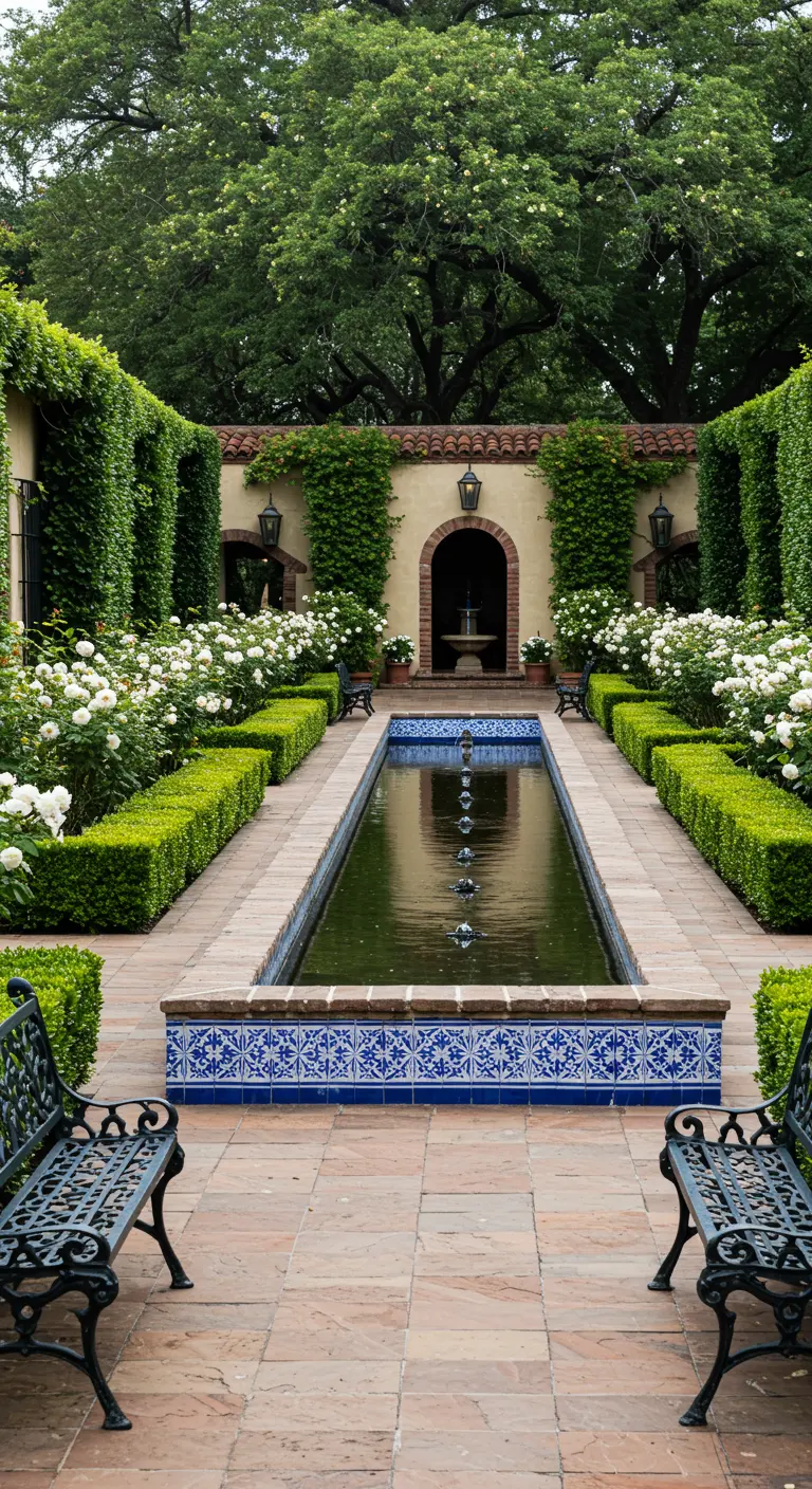 Jardín formal con un estanque rectangular central, setos recortados y rosales blancos.