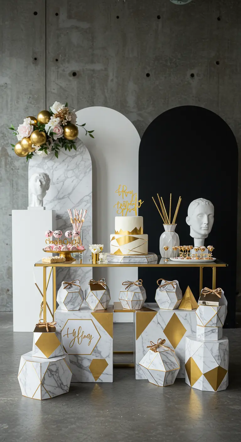 Cajas de regalo geométricas con estampado de mármol y dorado en una mesa de postres.