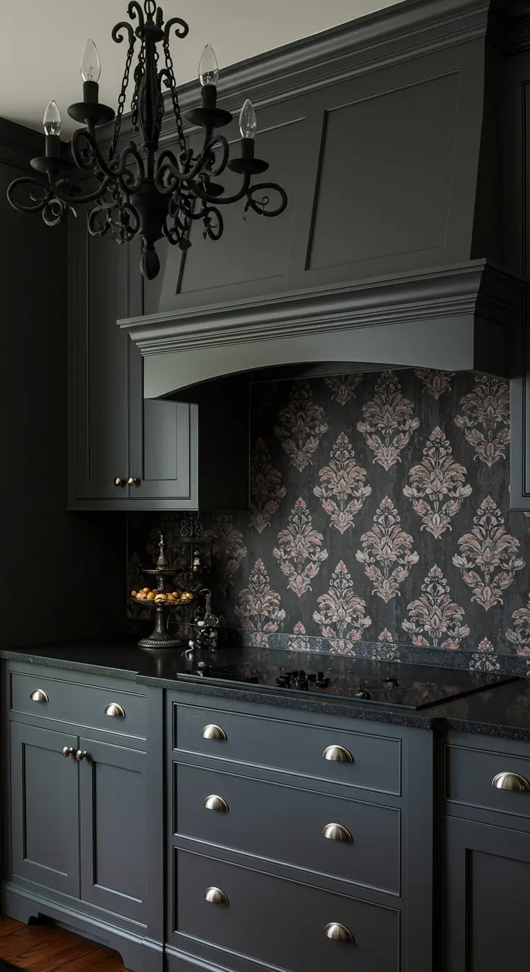 Cocina oscura y elegante con gabinetes grises y un salpicadero con patrón de damasco rosa y negro.