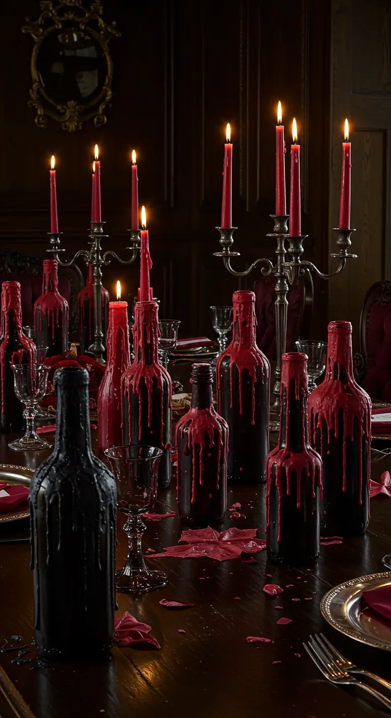 Portavelas góticos con cera roja goteando sobre botellas negras y rojas.