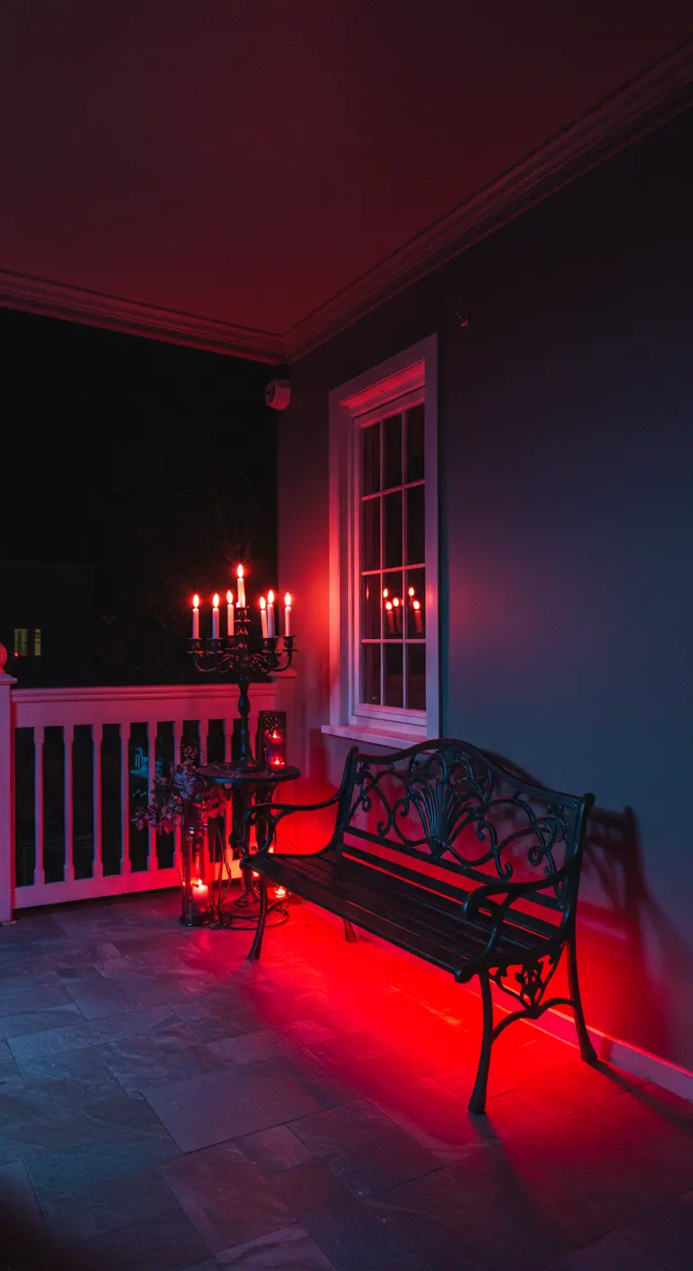 Balcón oscuro con un banco de hierro forjado y un candelabro, todo bañado en una intensa luz roja