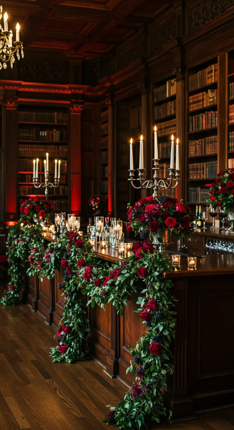 Opulenta barra de madera oscura en una biblioteca, adornada con cascadas de rosas rojas y candelabros.