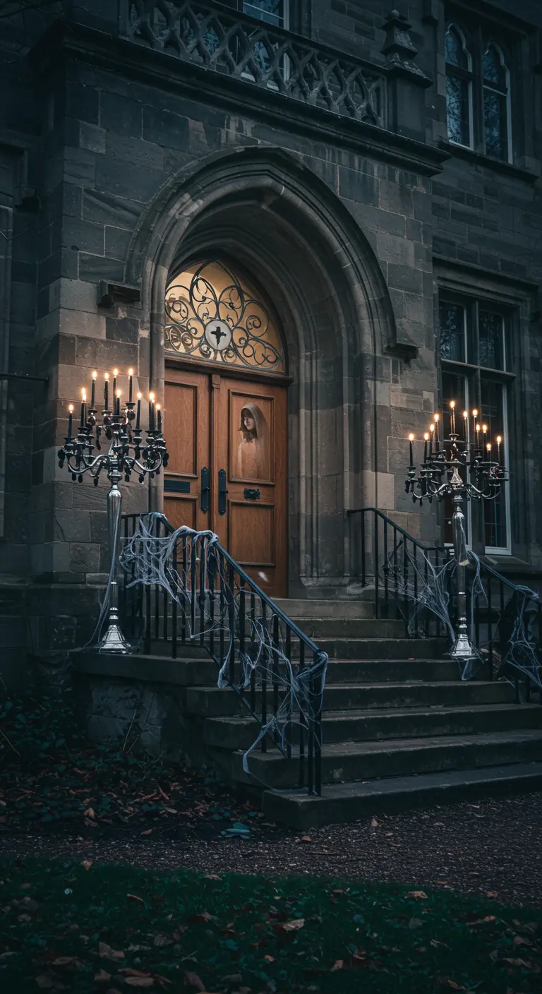 Entrada de mansión gótica con candelabros negros y telarañas en la barandilla de piedra.
