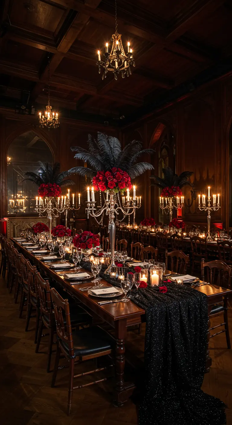 Mesa de banquete gótica con plumas negras, rosas rojas y candelabros de plata.
