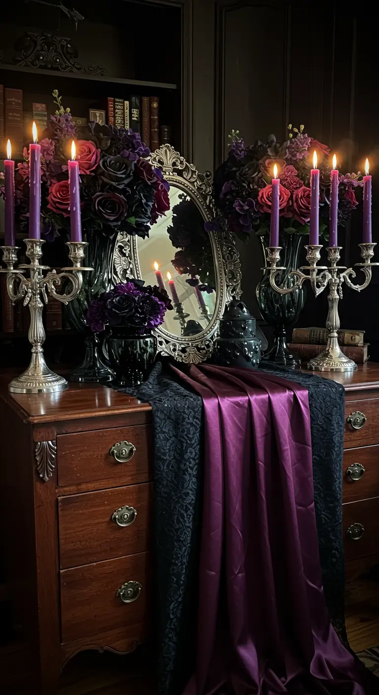 Aparador oscuro con candelabros de plata, espejo ornamentado y flores moradas y rojas.