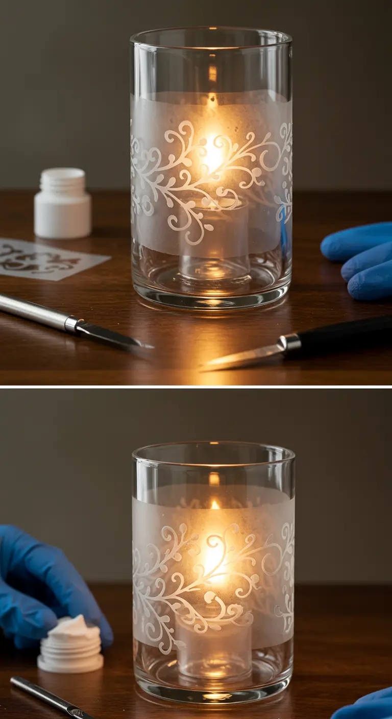 Portavelas de vidrio con un elegante patrón floral grabado con técnica de ácido esmerilado.