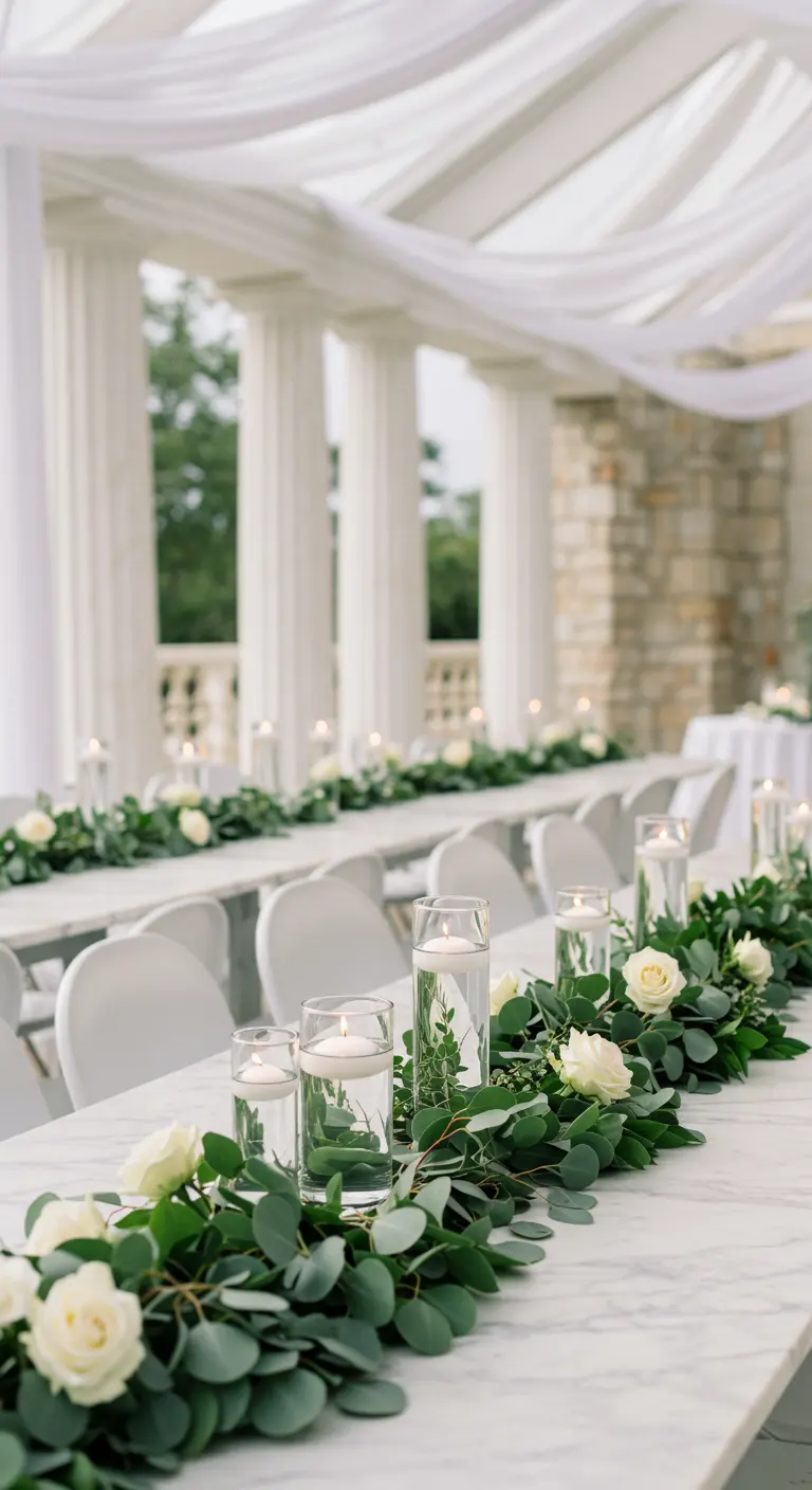 Mesa de mármol bajo un dosel blanco con guirnalda de eucalipto, rosas y velas flotantes.