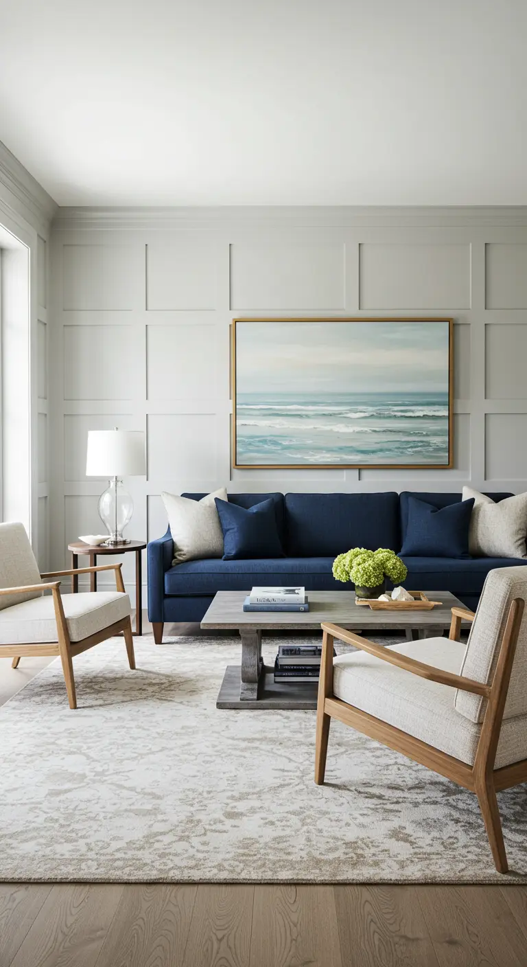 Sala de estar estilo Hamptons con paredes paneladas, sofá azul marino y sillones de madera clara.