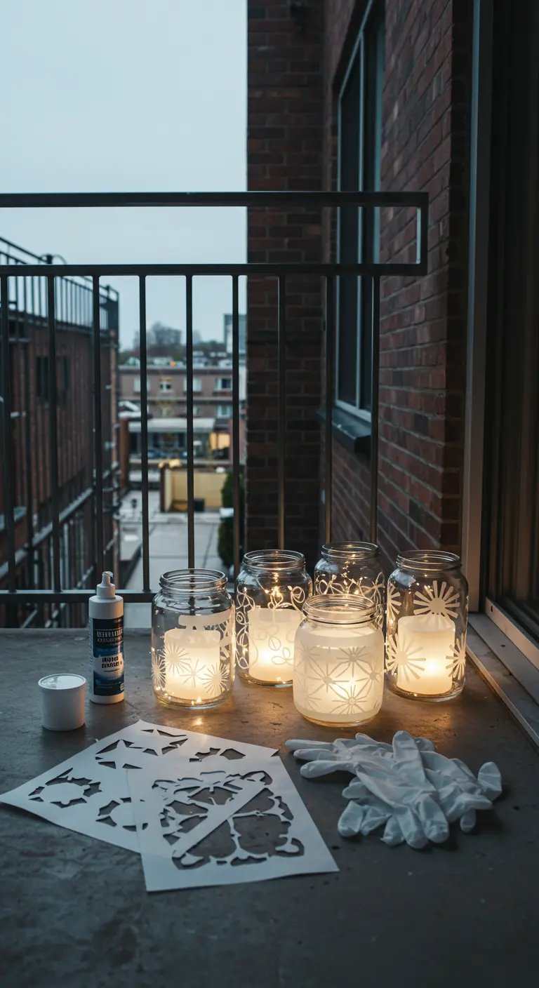 Frascos con diseños de estrellas grabados con efecto esmerilado, iluminados por velas LED en un balcón.
