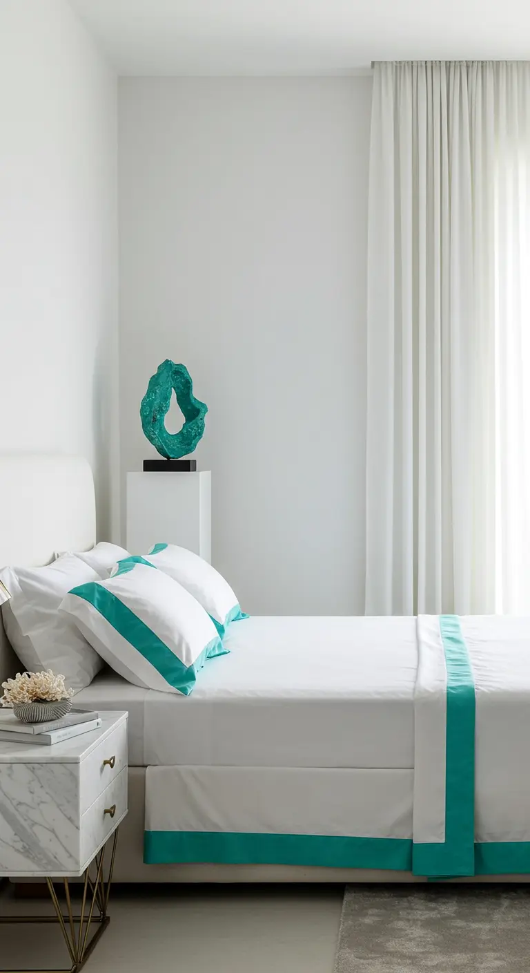 Cama de hotel con sábanas blancas y ribete turquesa, y una escultura abstracta al lado.