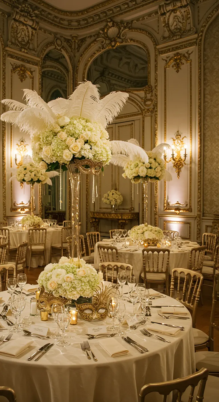 Salón de fiestas elegante con mesas redondas decoradas en blanco y oro, con flores y plumas blancas.