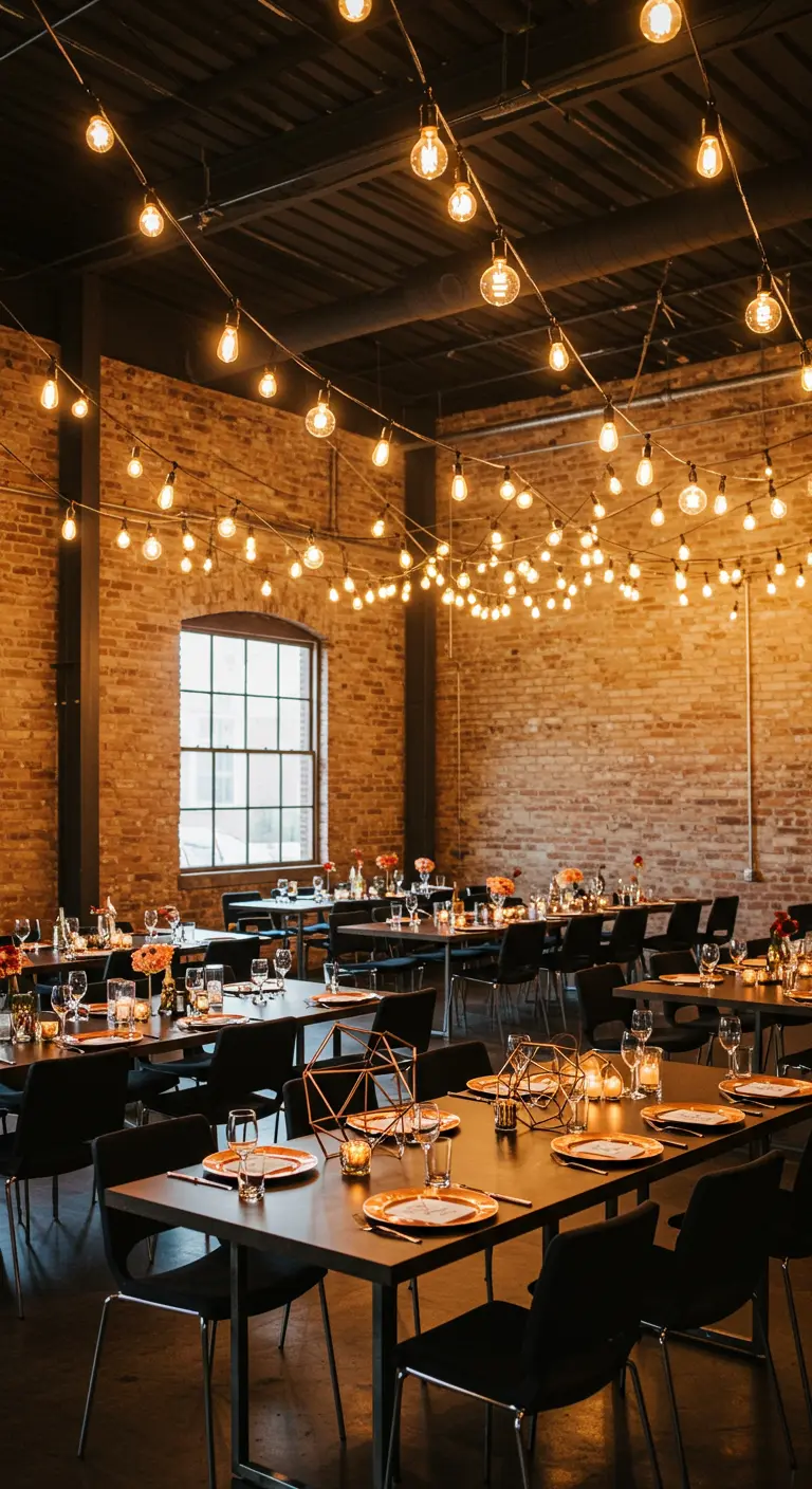 Salón de eventos industrial con paredes de ladrillo y bombillas Edison colgando del techo.