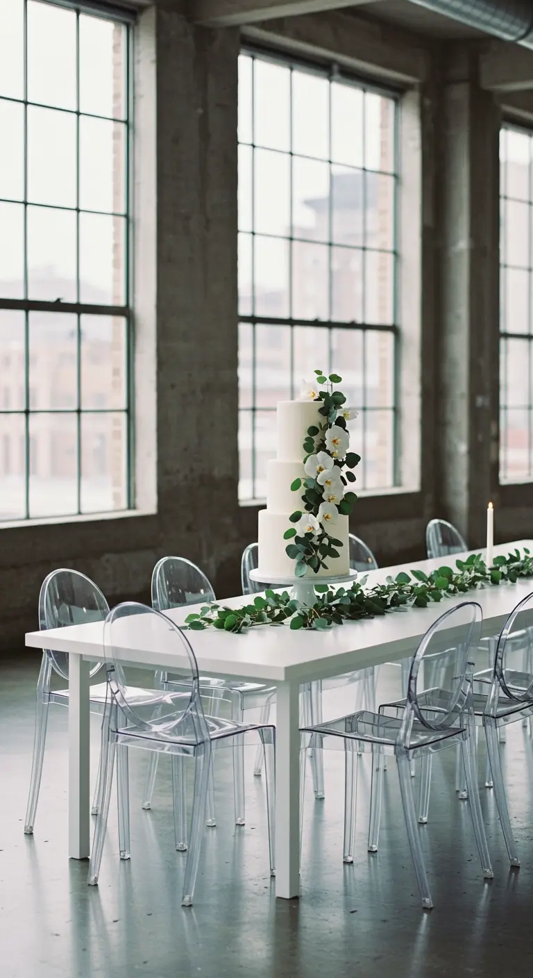 Pastel blanco de tres pisos con orquídeas en una mesa minimalista con sillas transparentes.